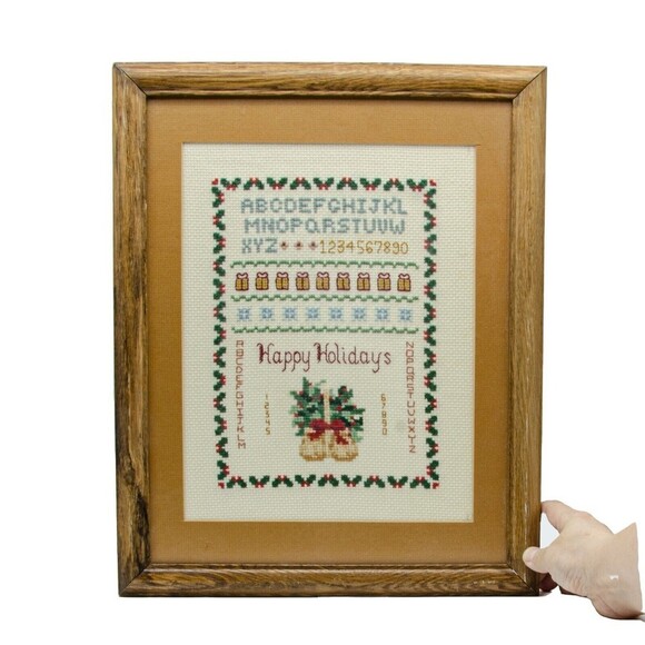 Vintage Handmade Cross-Stitch Embroidery Sampler Framed Christmas Alphabet Gift - Picture 1 of 2